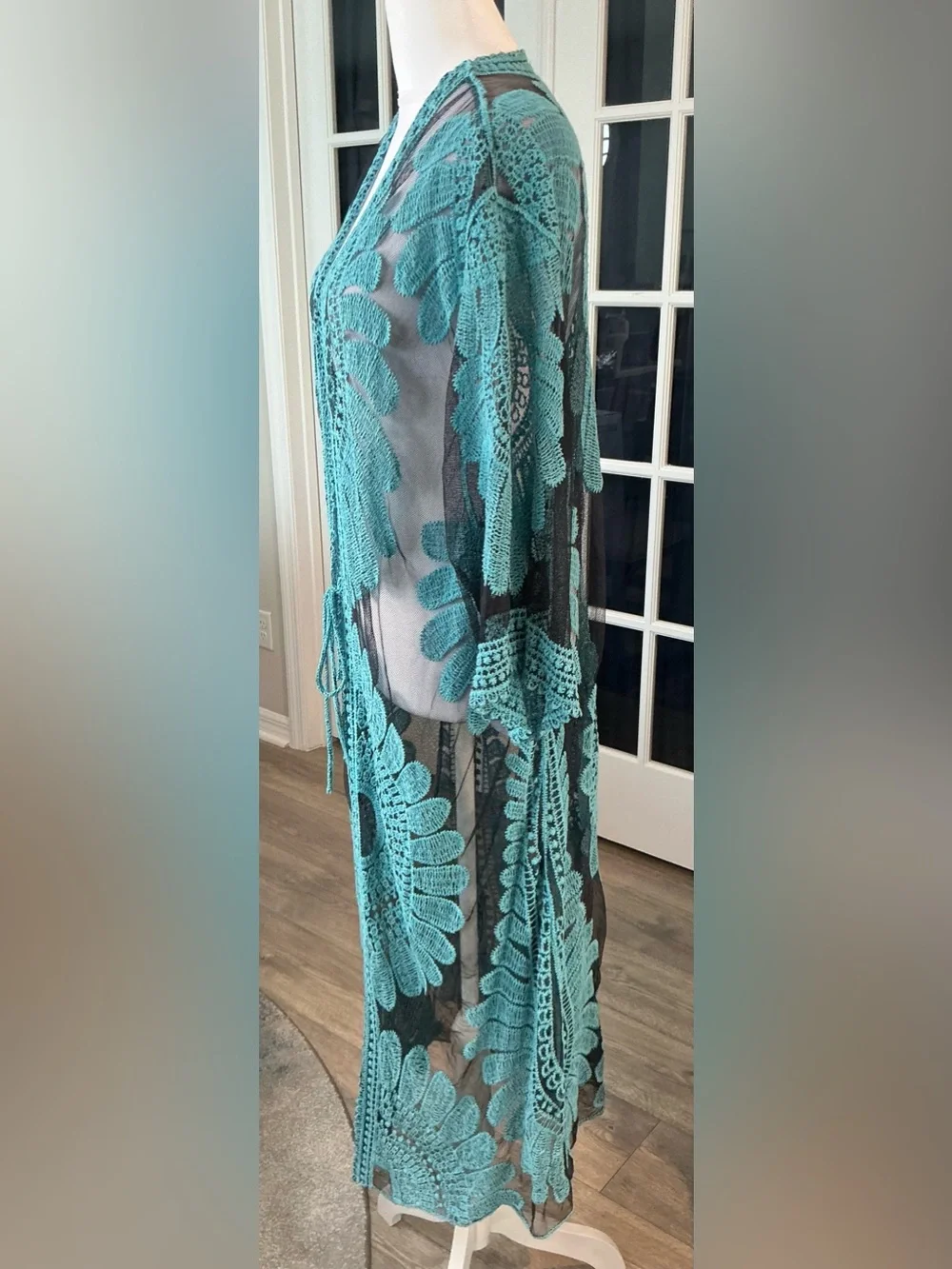 ASHA Turquoise Lace Mesh Duster Kimono Coverup Long Boho Beach Duster - One Size